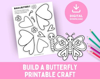 Build A Butterfly, Printable Craft, Cut & Paste Butterflies, Spring Bug, Summer Garden, Colouring Page, Kids Activity, PDF Template