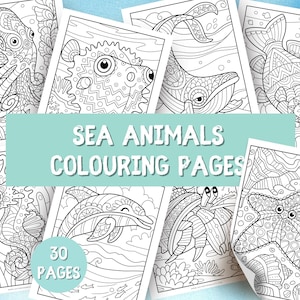 May include: A set of 30 colouring pages featuring intricate black and white illustrations of various sea animals, including an octopus, a fish, a whale, a sea turtle, a seahorse, a crab, and a starfish. The pages are titled "Sea Animals Colouring Pages".