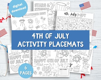4 juli-activiteitenplacemat voor kinderen, Independence Day-werkblad, afdrukbaar 4 juli-activiteitenblad voor kinderen, Fourth of July-kinderen kleuren