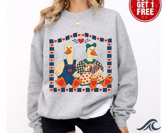 Vintage Goose PNG Faux Embroidery Sublimation Design - Thrifted Grandma Core Sweatshirt Print - Cottagecore Valentine Geese Digital Download