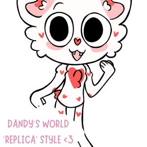 Puede incluir: Ilustraci&oacute;n de dibujos animados de un personaje blanco con forma de oso con grandes ojos negros, orejas rosas y detalles de coraz&oacute;n rojo. El personaje tiene un coraz&oacute;n rojo en el pecho y est&aacute; sonriendo. El texto en la parte inferior dice "Dandy's World 'Replica' Style <3".