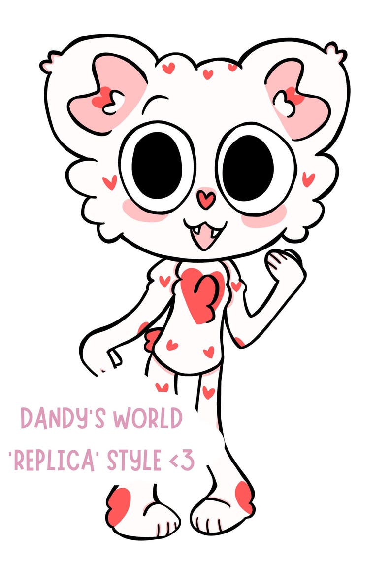 Puede incluir: Ilustraci&oacute;n de dibujos animados de un personaje blanco con forma de oso con grandes ojos negros, orejas rosas y detalles de coraz&oacute;n rojo. El personaje tiene un coraz&oacute;n rojo en el pecho y est&aacute; sonriendo. El texto en la parte inferior dice "Dandy's World 'Replica' Style <3".