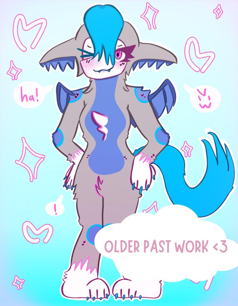 Puede incluir: Ilustraci&oacute;n digital de un personaje de dibujos animados con pelaje gris y azul. El personaje tiene una cresta azul, detalles en rosa y un dise&ntilde;o de rayo en el pecho. Hay bocadillos de texto con "ha!" y "<3", junto con el texto "OLDER PAST WORK <3".