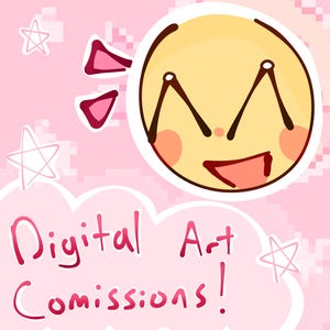 Può includere: Grafica di commissione di arte digitale con una faccia emoji sorridente, accenti rosa e testo. Lo sfondo è un motivo rosa pixelato con stelle bianche. Il testo recita "Digital Art Commissions!" in uno stile scritto a mano.