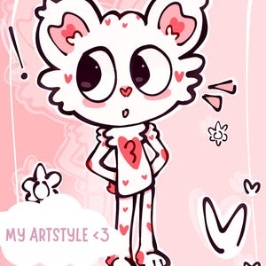 Puede incluir: Ilustraci&oacute;n digital de un personaje blanco con forma de oso con acentos de coraz&oacute;n rosa. El personaje tiene ojos negros grandes, una nariz rosa y un coraz&oacute;n en el pecho con el n&uacute;mero 3. La frase "MY ARTSTYLE <3" est&aacute; escrita en una nube.