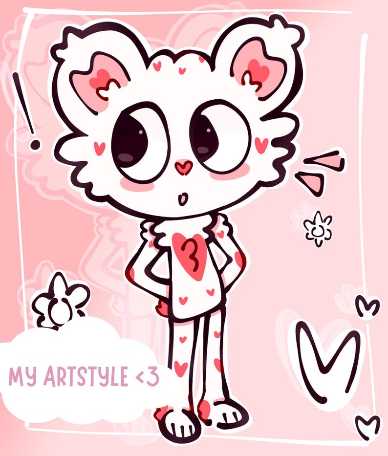 Puede incluir: Ilustraci&oacute;n digital de un personaje blanco con forma de oso con acentos de coraz&oacute;n rosa. El personaje tiene ojos negros grandes, una nariz rosa y un coraz&oacute;n en el pecho con el n&uacute;mero 3. La frase "MY ARTSTYLE <3" est&aacute; escrita en una nube.