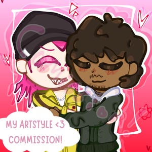 Puede incluir: Ilustraci&oacute;n digital de dos personajes de dibujos animados abraz&aacute;ndose, sobre un fondo rosa con corazones. Un personaje tiene pelo rosa y una chaqueta amarilla, el otro tiene pelo casta&ntilde;o y una chaqueta verde. Texto: "MY ARTSTYLE <3 COMMISSION!"