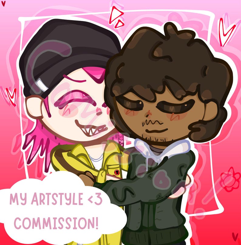 Puede incluir: Ilustraci&oacute;n digital de dos personajes de dibujos animados abraz&aacute;ndose, sobre un fondo rosa con corazones. Un personaje tiene pelo rosa y una chaqueta amarilla, el otro tiene pelo casta&ntilde;o y una chaqueta verde. Texto: "MY ARTSTYLE <3 COMMISSION!"