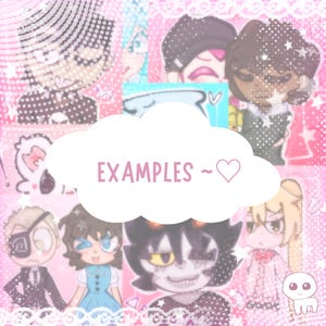 Puede incluir: Un collage rosa y blanco con ilustraciones de dibujos animados de varios personajes. Una forma de nube blanca con la palabra "EXAMPLES ~ ♡" en texto rosa est&aacute; centrada. El fondo tiene un patr&oacute;n de puntos.