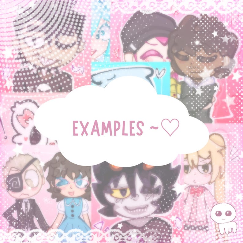 Puede incluir: Un collage rosa y blanco con ilustraciones de dibujos animados de varios personajes. Una forma de nube blanca con la palabra "EXAMPLES ~ ♡" en texto rosa est&aacute; centrada. El fondo tiene un patr&oacute;n de puntos.