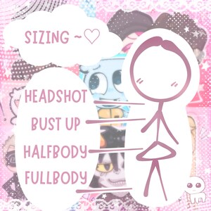 Puede incluir: Un gr&aacute;fico rosa y blanco con la palabra "SIZING" en forma de nube, y un mu&ntilde;eco de palo con etiquetas para headshot, bust up, halfbody y fullbody. El fondo es un collage de personajes de dibujos animados.