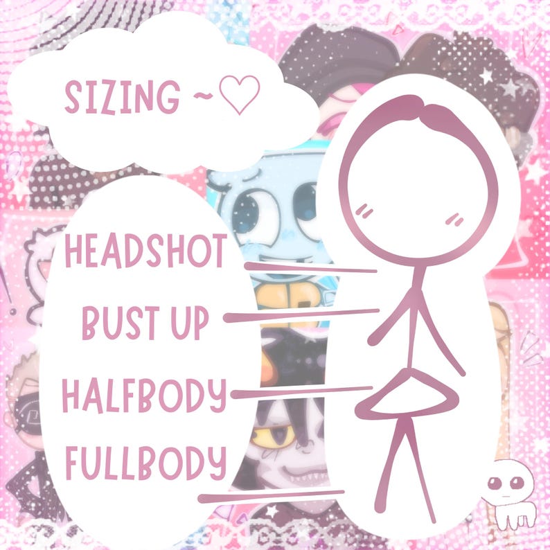 Puede incluir: Un gr&aacute;fico rosa y blanco con la palabra "SIZING" en forma de nube, y un mu&ntilde;eco de palo con etiquetas para headshot, bust up, halfbody y fullbody. El fondo es un collage de personajes de dibujos animados.
