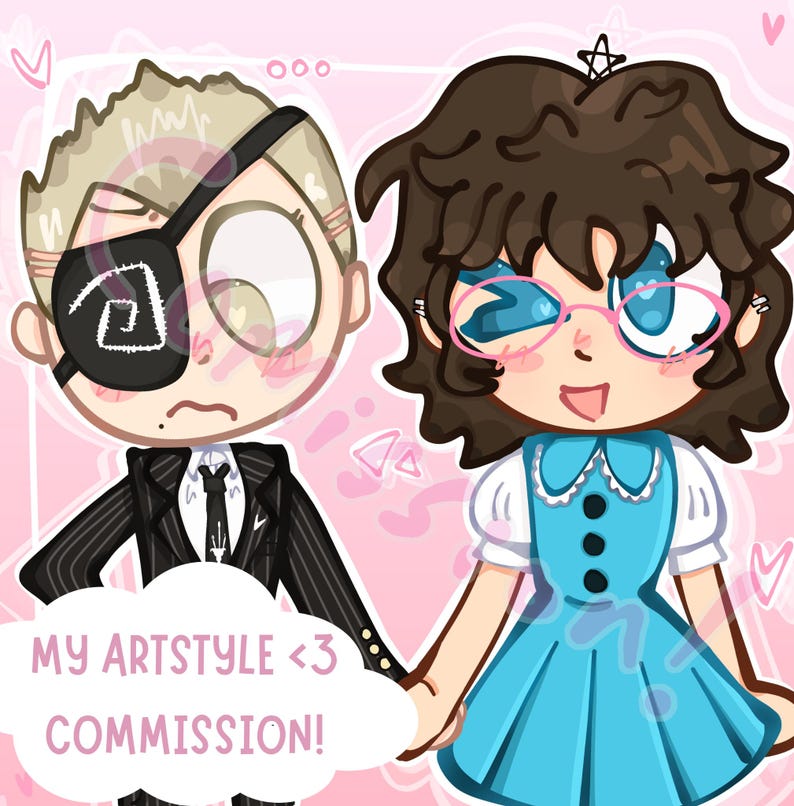 Puede incluir: Ilustraci&oacute;n digital de dos personajes de dibujos animados tomados de la mano sobre un fondo rosa. Un personaje lleva un traje negro y un parche en el ojo. El otro lleva un vestido azul y gafas. El texto dice "MY ARTSTYLE <3 COMMISSION!"