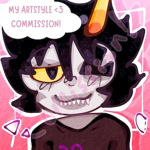 Puede incluir: Ilustraci&oacute;n digital de un personaje de dibujos animados con cabello negro, ojos amarillos y una amplia sonrisa. El personaje lleva una camisa oscura con un s&iacute;mbolo morado. Un bocadillo dice "MY ARTSTYLE <3 COMMISSION!"