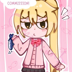 Puede incluir: Ilustraci&oacute;n digital de un personaje de estilo anime con un su&eacute;ter rosa y una falda negra, sosteniendo un pez azul. La imagen tiene el texto "MY ARTSTYLE <3 COMMISSION!" en un bocadillo. El fondo es rosa con ilustraciones de peces.