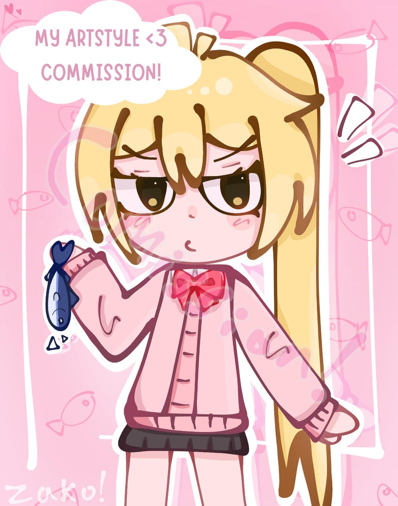 Puede incluir: Ilustraci&oacute;n digital de un personaje de estilo anime con un su&eacute;ter rosa y una falda negra, sosteniendo un pez azul. La imagen tiene el texto "MY ARTSTYLE <3 COMMISSION!" en un bocadillo. El fondo es rosa con ilustraciones de peces.