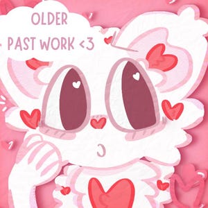 Puede incluir: Ilustraci&oacute;n digital de un personaje de dibujos animados blanco con ojos grandes de color rosa oscuro y una nariz en forma de coraz&oacute;n. El personaje tiene acentos rosas y est&aacute; rodeado de corazones. El texto en la parte superior dice "OLDER PAST WORK <3". El fondo es rosa.