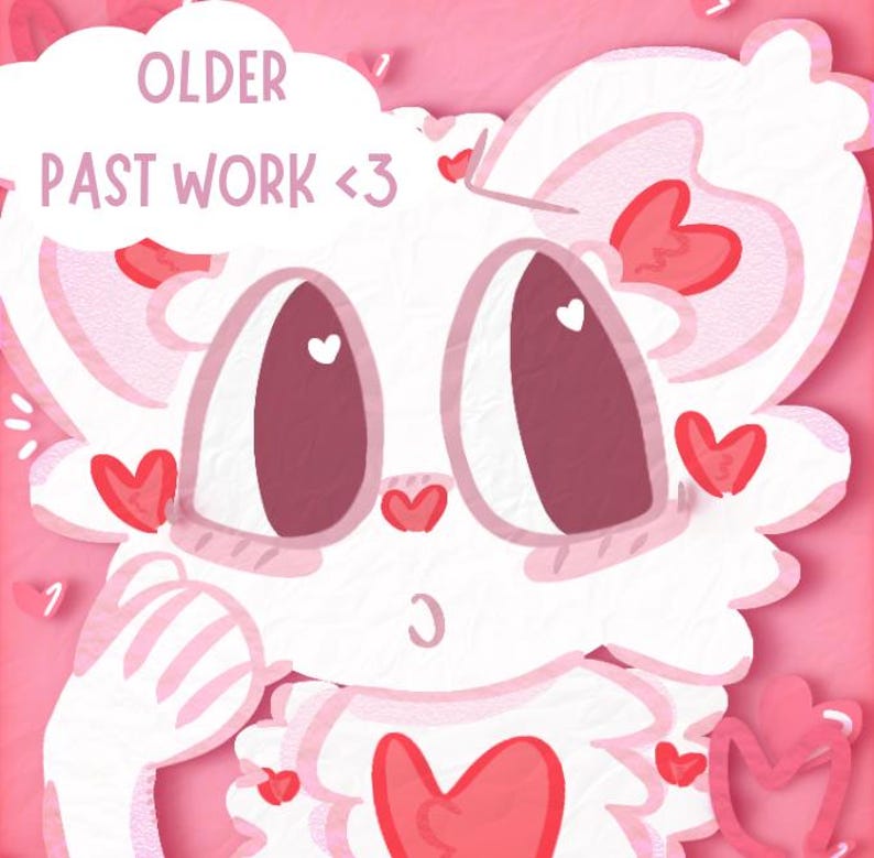 Puede incluir: Ilustraci&oacute;n digital de un personaje de dibujos animados blanco con ojos grandes de color rosa oscuro y una nariz en forma de coraz&oacute;n. El personaje tiene acentos rosas y est&aacute; rodeado de corazones. El texto en la parte superior dice "OLDER PAST WORK <3". El fondo es rosa.