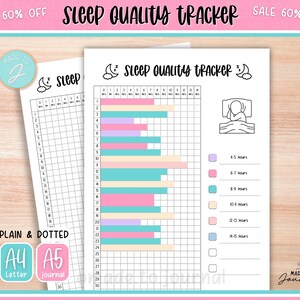 May include: Two white paper sleep quality trackers with colorful bar graphs and the text "Sleep Quality Tracker." One tracker is labeled "Plain & Dotted" with A4 and A5 journal options. The image includes the text "Sale 60% Off."