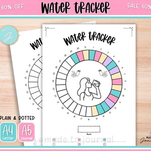Könnte beinhalten: Zwei weiße Wasser-Tracker-Journalseiten mit einem rosa und türkisfarbenen Rand. Die Seiten haben ein kreisförmiges Design mit Zahlen und einer Illustration einer Frau, die Wasser trinkt. Text enthält "Water Tracker" und "A4 Letter".