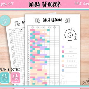 May include: Two white Daily Tracker journal pages with a pink border. One page is plain and dotted, the other has a grid with colored blocks. The text "Daily Tracker" is at the top. The journal is available in A4 and A5 sizes.