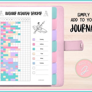 May include: A pink journal with an outdoor activity tracker. The tracker includes a grid for tracking activities like running, walking, biking, yoga, hiking, and climbing. The text "Outdoor Activity Tracker" is at the top. The text "Simply Add to Your Journal" is also visible.