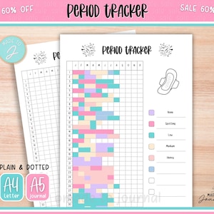 May include: Two white period tracker journals with the text "PERIOD TRACKER" at the top. One journal is filled in with colorful blocks. The other journal is blank. The image also includes the text "PLAIN & DOTTED", "A4 Letter", and "A5 journal".