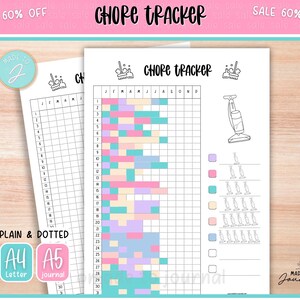 May include: Two chore tracker printable sheets. One is plain and dotted, the other has a colorful grid. The text "CHORE TRACKER" is at the top. The sheets are A4 and A5 journal sizes.