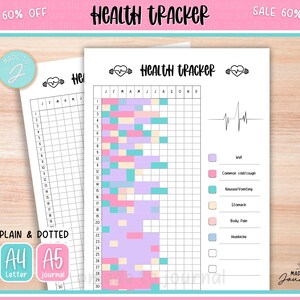 May include: Two health tracker journals with the text "HEALTH TRACKER" and a heart icon. One journal is a grid for tracking health metrics, and the other is a blank grid. The journals are labeled "A4 Letter" and "A5 journal".