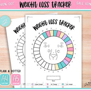 May include: Two white weight loss tracker sheets with a circular design, featuring numbers, colorful segments, and body illustrations. The text "Weight Loss Tracker" is at the top. The sheets are labeled "Plain & Dotted" and "A4 Letter" and "A5 journal".