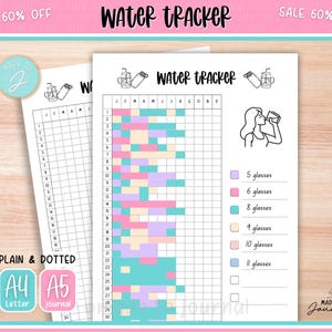 May include: Two water tracker journals with the text "WATER TRACKER". One journal is filled in with colorful blocks. The other journal is blank. The journals are labeled "PLAIN & DOTTED", "A4 Letter", and "A5 journal".
