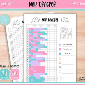 May include: Two white paper Nap Tracker journals with a pink and teal border. The journals have a grid for tracking naps, with a key for short and long naps. The text "NAP TRACKER" is at the top.