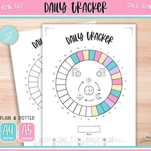 May include: Two white Daily Tracker journal pages with a colorful circular design. The pages have the text "Daily Tracker" at the top and include a calendar-like layout with numbers and icons. The pages are labeled "A4 Letter" and "A5 journal".