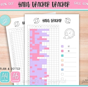 May include: Two white habit tracker sheets with pink and purple blocks, a grid, and the words "HABIT TRACKER". The sheets include the text "PLAIN & DOTTED", "A4 Letter", and "A5 journal". The image has a pink border.