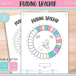 May include: White reading tracker with a circular design, featuring a person reading and spaces for tracking. The text "Reading Tracker" is at the top. Includes "Plain & Dotted" options, A4 and A5 sizes, and the text "Sale 60% Off".