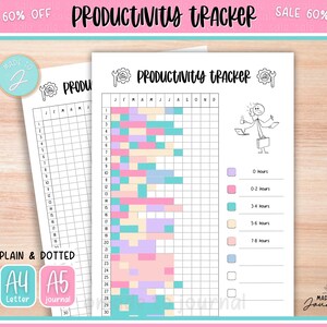 May include: Two white paper productivity trackers with the title "PRODUCTIVITY TRACKER" in black script. One tracker is blank, the other has a colorful grid. The image includes the text "PLAIN & DOTTED", "A4 Letter", and "A5 journal".