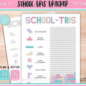May include: A School-Tris tracker printable with a colourful bubble letter title. The tracker includes sections for tracking grades, homework, studying, and assignments. The design includes a plain and dotted A4 and A5 journal.