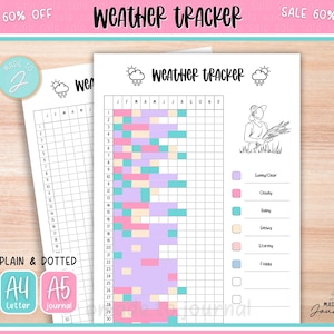 May include: Two white paper weather trackers with the text "Weather Tracker" at the top. One tracker is filled in with colored squares, and the other is blank. The trackers have a grid for tracking weather conditions. The text "PLAIN & DOTTED" and "A4 Letter" and "A5 journal" are also visible.