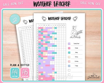 Weather Tracker - Printable Journal Tracker, Bullet Journaling Template, Yearly Tracker page, Year in Pixels, Dotted + Plain, A5 & A4 Letter