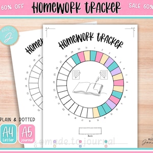 May include: Two white Homework Tracker printable sheets with a pink and teal border. The sheets have a circular design with numbers and colorful segments. The text "Homework Tracker" is at the top. The sheets are labeled "Plain & Dotted" and "A4 Letter" and "A5 journal".