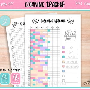 May include: Two white Cleaning Tracker sheets with a pink border. One sheet is plain, the other has a colorful grid. The text "CLEANING TRACKER" is at the top. The sheets are labeled "A4 Letter" and "A5 journal".