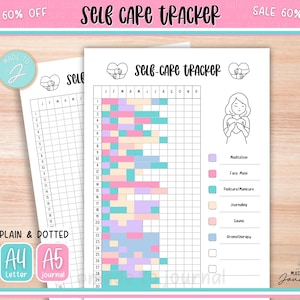 May include: Two white self-care tracker sheets with a pink and teal border. The sheets have a grid for tracking activities like meditation and face masks. Text includes "Self Care Tracker", "Plain & Dotted", and "A4 Letter".