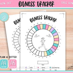 May include: A fitness tracker journal with the words "Fitness Tracker" in a handwritten font. The journal has a circular design with a runner illustration and space for tracking cardio, abs, arms, stretching/yoga, and legs. The journal is available in A4 and A5 sizes.