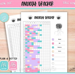 May include: Two printable anxiety tracker sheets. The sheets have a grid layout with spaces for the days of the month and a color-coded key for tracking anxiety levels. The text "Anxiety Tracker" is at the top. The sheets are labeled "Plain & Dotted".