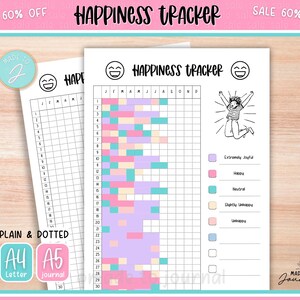 May include: Two-page happiness tracker journal with a pink border. The journal includes a color-coded mood chart, a smiling face graphic, and the text "HAPPINESS TRACKER". Available in A4 and A5 sizes.