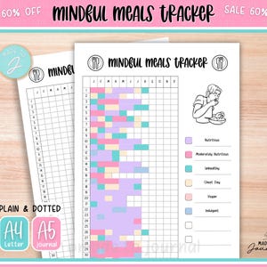 May include: Two white Mindful Meals Tracker printable sheets with a pink border. The sheets have a grid for tracking meals, with color-coded sections for different meal types. Text includes "Mindful Meals Tracker", "Plain & Dotted", and "A4 Letter A5 journal".
