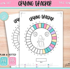 Pode incluir: Duas folhas de papel brancas com um design de rastreador de choro. O rastreador é um círculo dividido em seções, com um rosto triste e uma pessoa abraçando os joelhos no centro. O texto "CRYING TRACKER" está no topo.