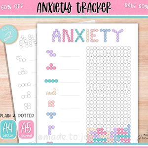 May include: Anxiety tracker printable with the word "ANXIETY" in pastel colors. The design includes a grid of circles for tracking and various shapes in pastel colors. The text "PLAIN & DOTTED" and "A4 Letter" and "A5 journal" are also visible.