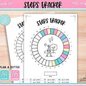 May include: A white Steps Tracker journal with a colorful circular design for tracking steps. The journal includes a walking person graphic, a sun, and a tree. The text "Steps Tracker" is at the top. The journal is available in A4 and A5 sizes.