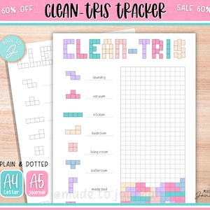 May include: A printable "Clean-Tris Tracker" in A4 and A5 sizes, with a Tetris-inspired design. The tracker includes sections for laundry, vacuuming, kitchen, bedroom, living room, bathroom, and making the bed. The design incorporates pastel colours and the text "CLEAN-TRIS".